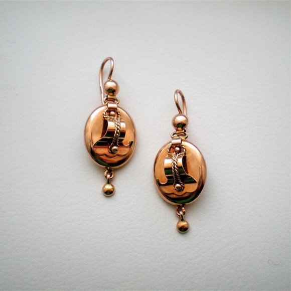 Antique Vintage Russian USSR 14K 583 Rose Pink Gold 3D Dangle Drop EARRINGS # 2 - Picture 3 of 10